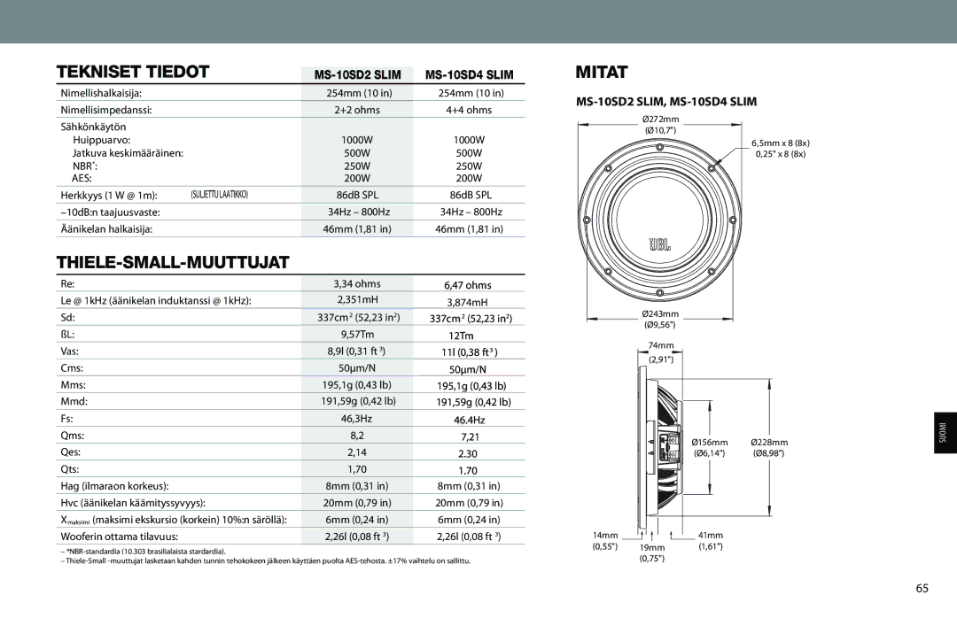 JBL MS-10SD2 SLIM, MS-10SD4 SLIM owner manual Tekniset Tiedot, Thiele-Small-Muuttujat, Mitat 