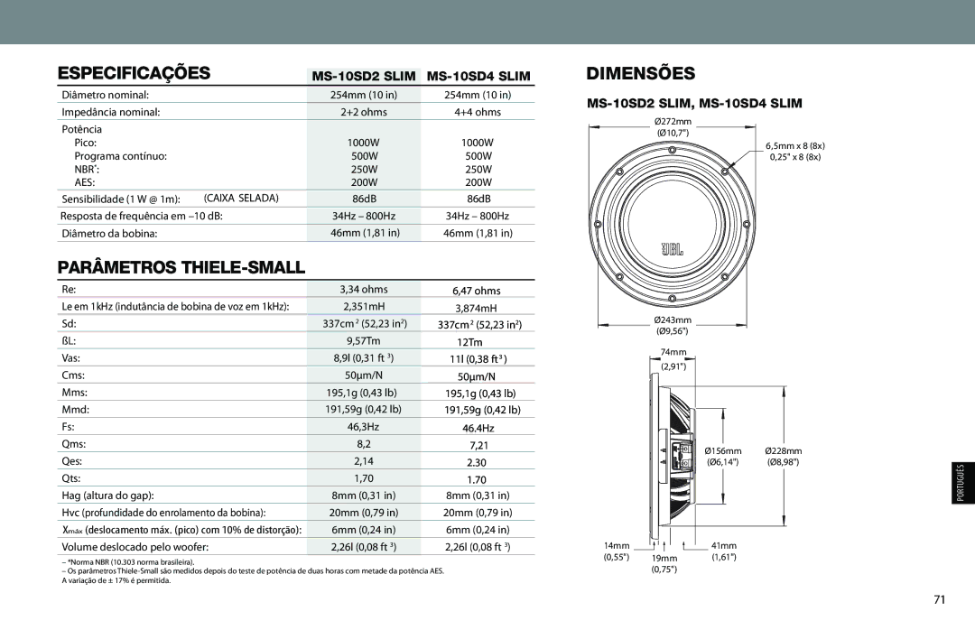 JBL MS-10SD2 SLIM, MS-10SD4 SLIM owner manual Especificações, Parâmetros THIELE-SMALL, Dimensões 