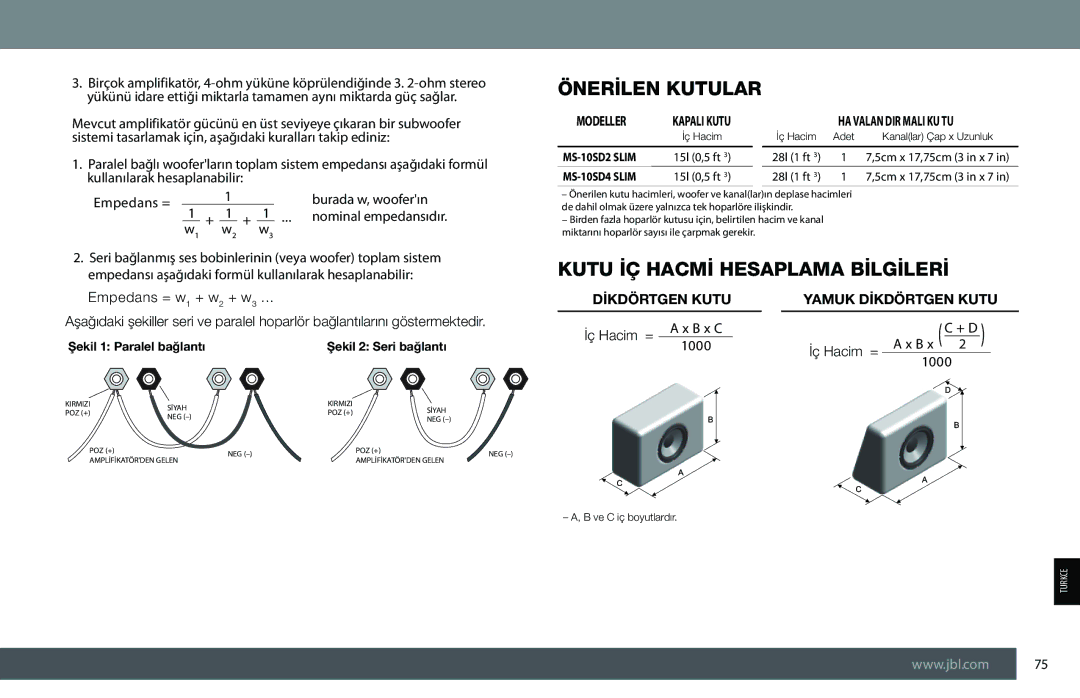 JBL MS-10SD2 SLIM, MS-10SD4 SLIM owner manual Önerİlen Kutular, Kutu İÇ Hacmİ Hesaplama Bİlgİlerİ 