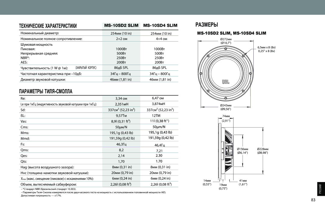 JBL MS-10SD2 SLIM Номинальный диаметр, Номинальное полное сопротивление +2 ом, Шумовая мощность Пиковая, 1000Вт, 500Вт 