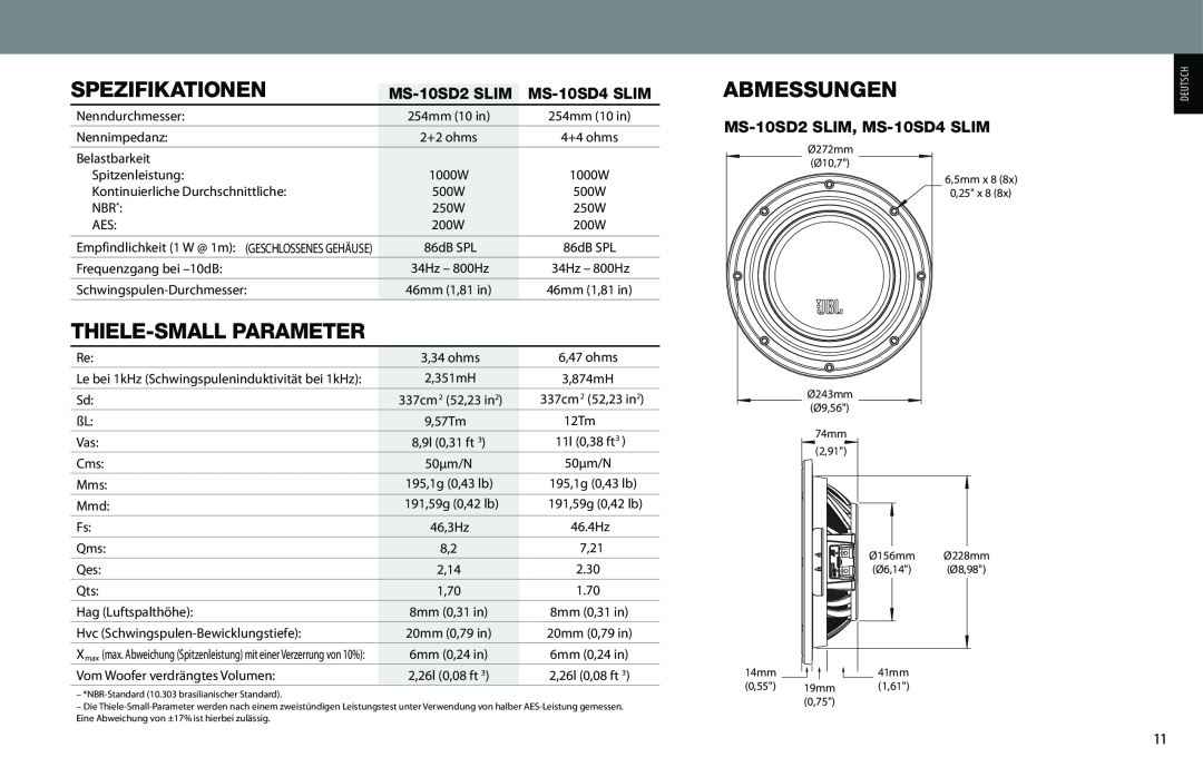 JBL MS-10SD2 SLIM, MS-10SD4 SLIM owner manual Spezifikationen, Thiele-Smallparameter, Abmessungen 