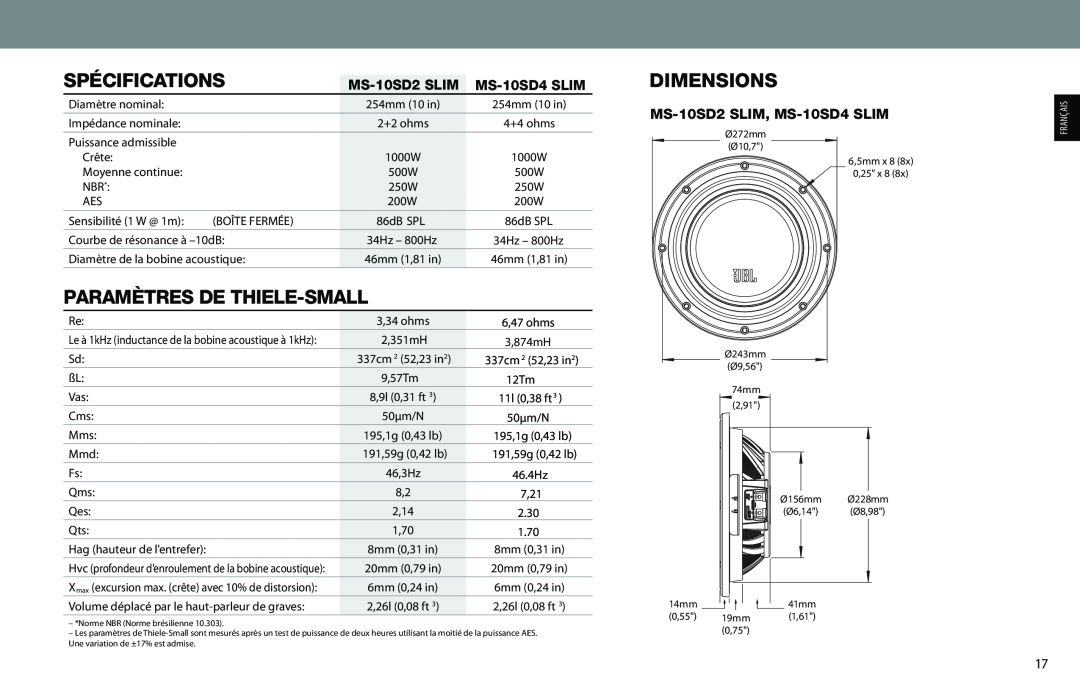 JBL MS-10SD2 SLIM, MS-10SD4 SLIM owner manual Spécifications, Paramètres De Thiele-Small, Dimensions 