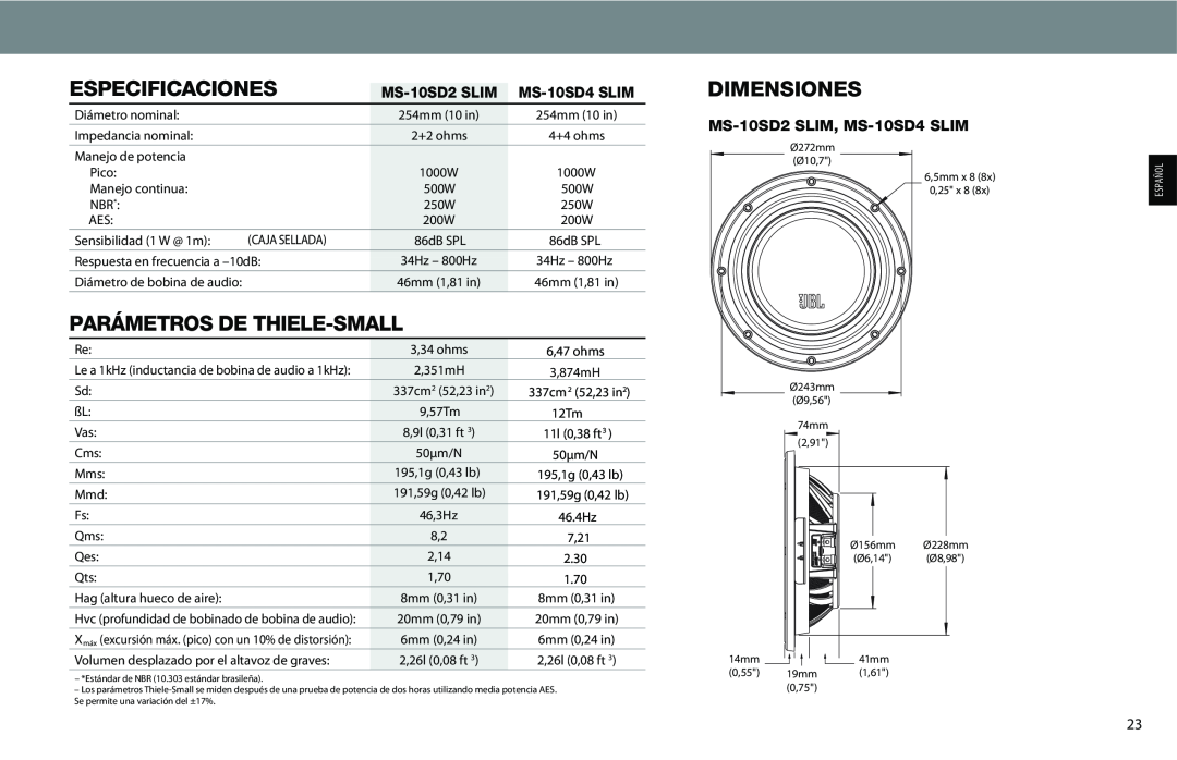 JBL MS-10SD2 SLIM, MS-10SD4 SLIM owner manual Especificaciones, Parámetros De Thiele-Small, Dimensiones 