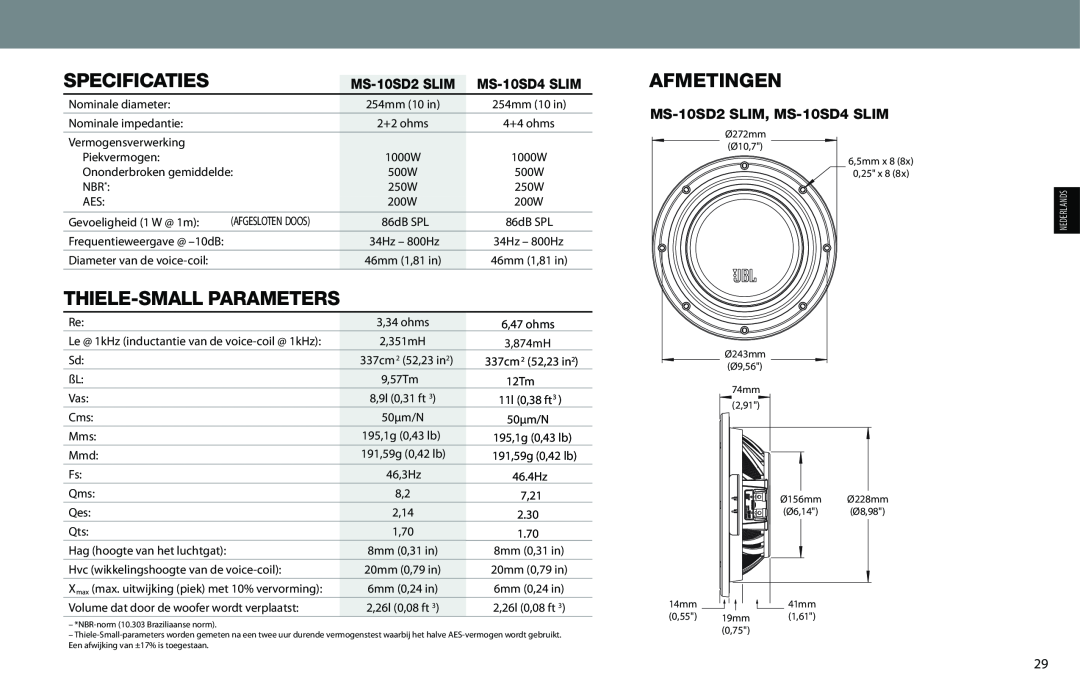 JBL MS-10SD2 SLIM, MS-10SD4 SLIM owner manual Specificaties, Afmetingen, Thiele-Smallparameters 