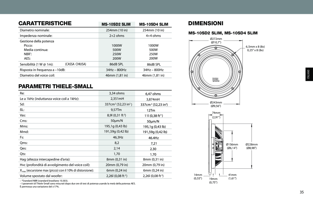 JBL MS-10SD2 SLIM, MS-10SD4 SLIM owner manual Caratteristiche, Parametri Thiele-Small, Dimensioni 