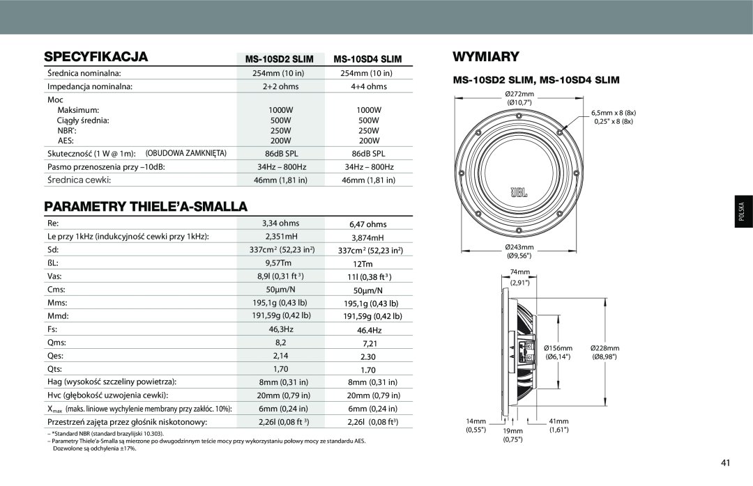 JBL MS-10SD2 SLIM, MS-10SD4 SLIM owner manual Specyfikacja, Parametry Thiele’A-Smalla, Wymiary 