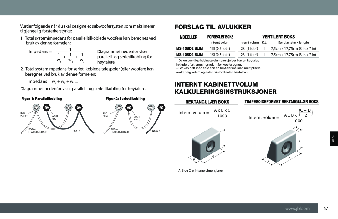 JBL MS-10SD2 SLIM, MS-10SD4 SLIM owner manual Forslag Til Avlukker, Internt Kabinettvolum Kalkuleringsinstruksjoner 
