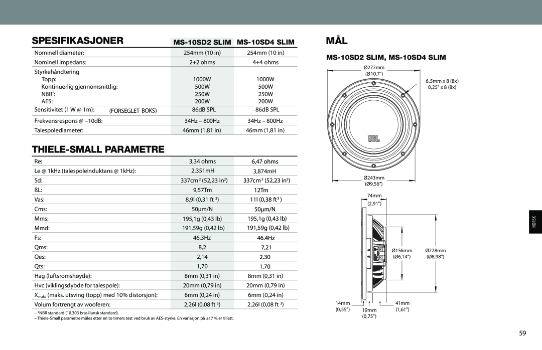 JBL MS-10SD2 SLIM, MS-10SD4 SLIM owner manual Thiele-Smallparametre, Spesifikasjoner 