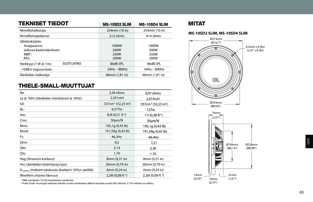 JBL MS-10SD2 SLIM, MS-10SD4 SLIM owner manual Tekniset Tiedot, Thiele-Small-Muuttujat, Mitat, MS-10SD2SLIM, MS-10SD4SLIM 