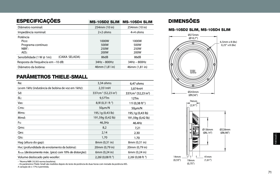JBL MS-10SD2 SLIM, MS-10SD4 SLIM owner manual Especificações, Parâmetros Thiele-Small, Dimensões 