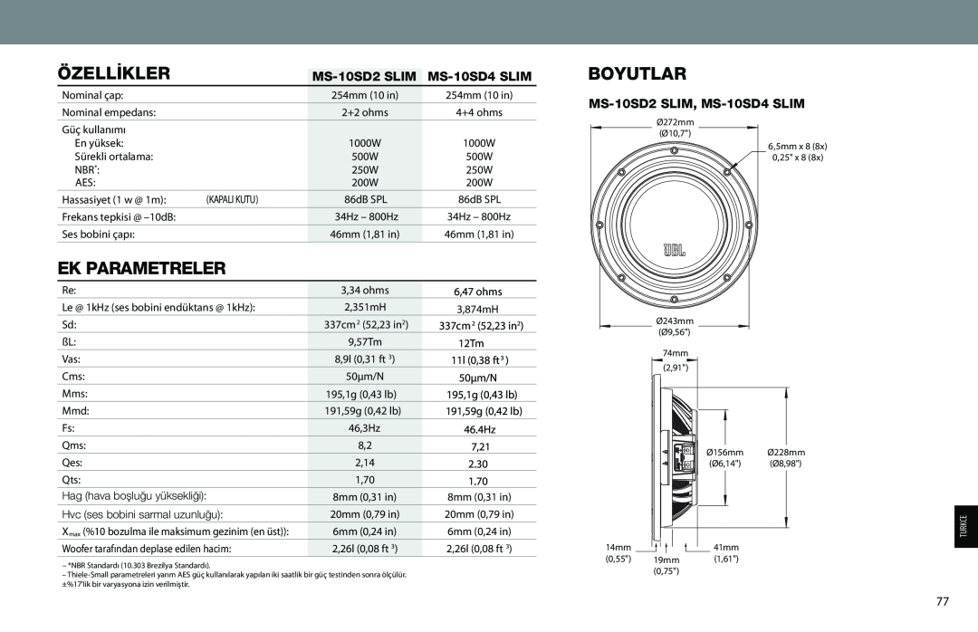 JBL MS-10SD2 SLIM, MS-10SD4 SLIM owner manual Özellikler, Ek Parametreler, Boyutlar 