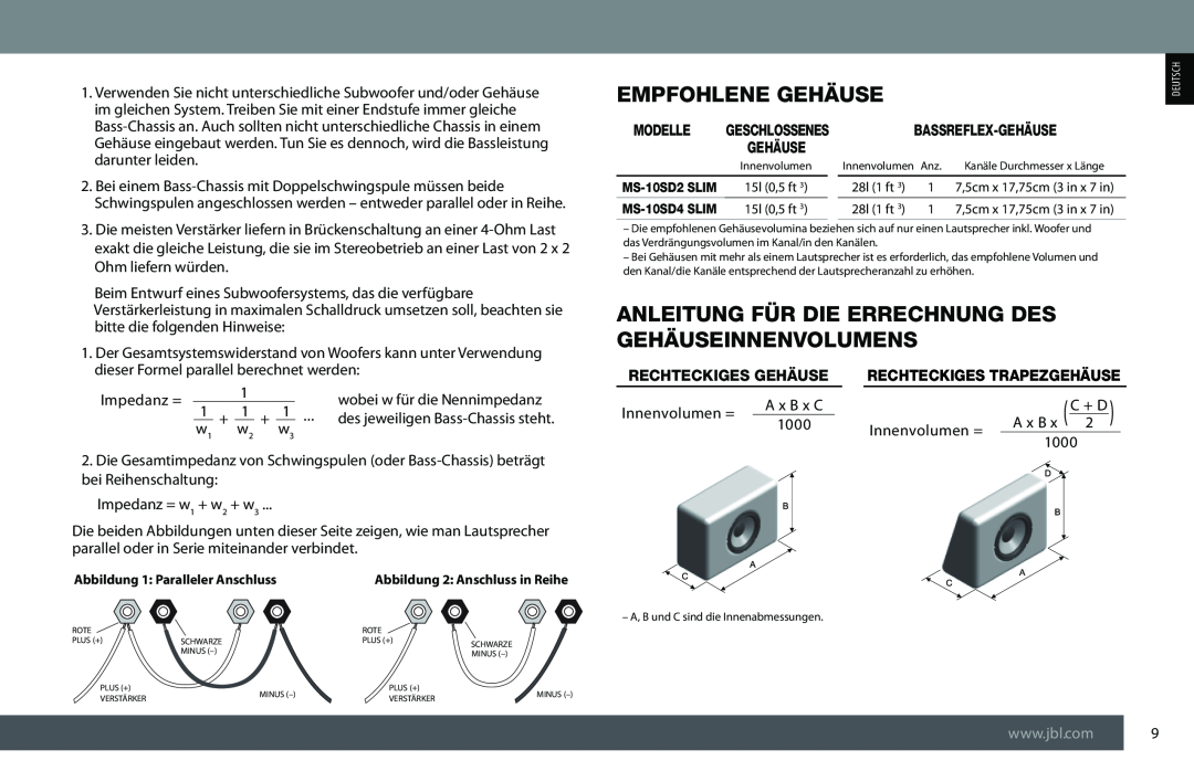 JBL MS-10SD2 SLIM, MS-10SD4 SLIM owner manual Empfohlene Gehäuse, Anleitung Für Die Errechnung Des, Gehäuseinnenvolumens 