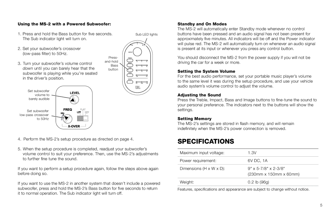 JBL MS-2 owner manual Specifications 