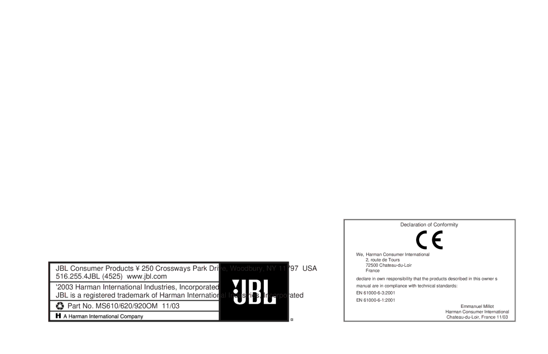 JBL MS920, MS620 owner manual Harman International Industries, Incorporated, Part No. MS610/620/920OM 11/03 