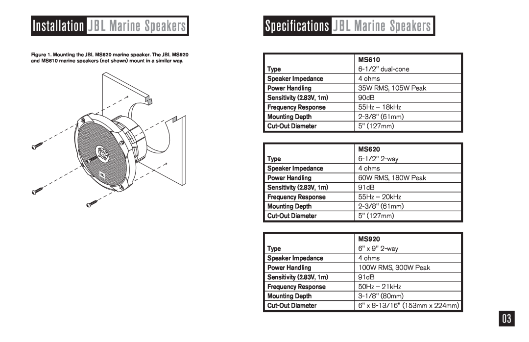JBL MS620, MS920, MS610 owner manual Specifications J BL Marine Speakers, Installation J BL Marine Speakers 