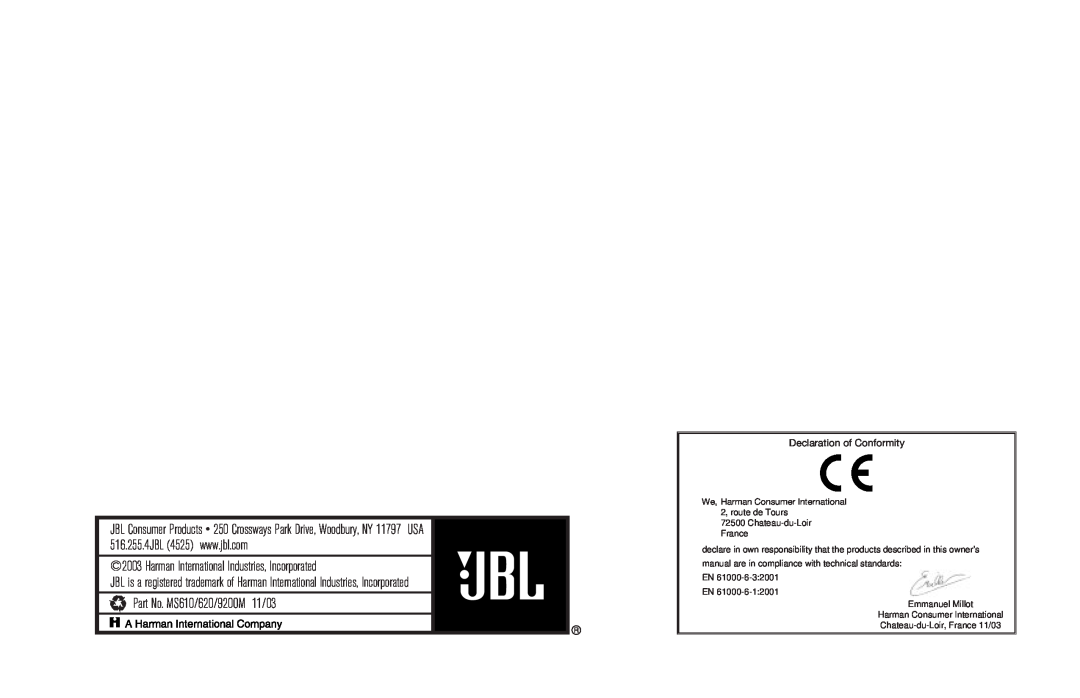 JBL MS920, MS620 Harman International Industries, Incorporated, Part No. MS610/620/920OM 11/03, Declaration of Conformity 