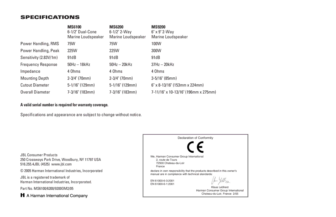 JBL owner manual Specifications, MS6100 MS6200 MS9200 