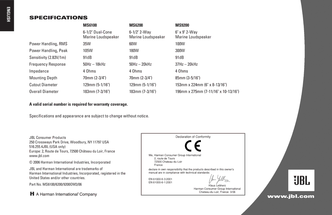 JBL owner manual Specifications, MS6100 MS6200 MS9200 