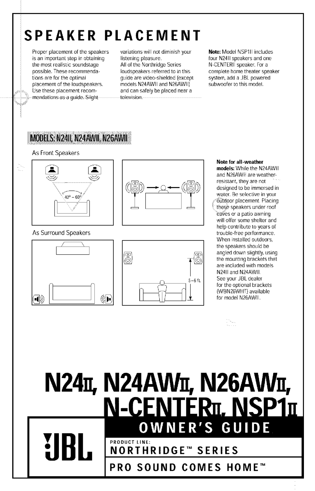 JBL N24AWII, N24II, N26AWII manual AsFrontSpeakers, As Surround Speakers 