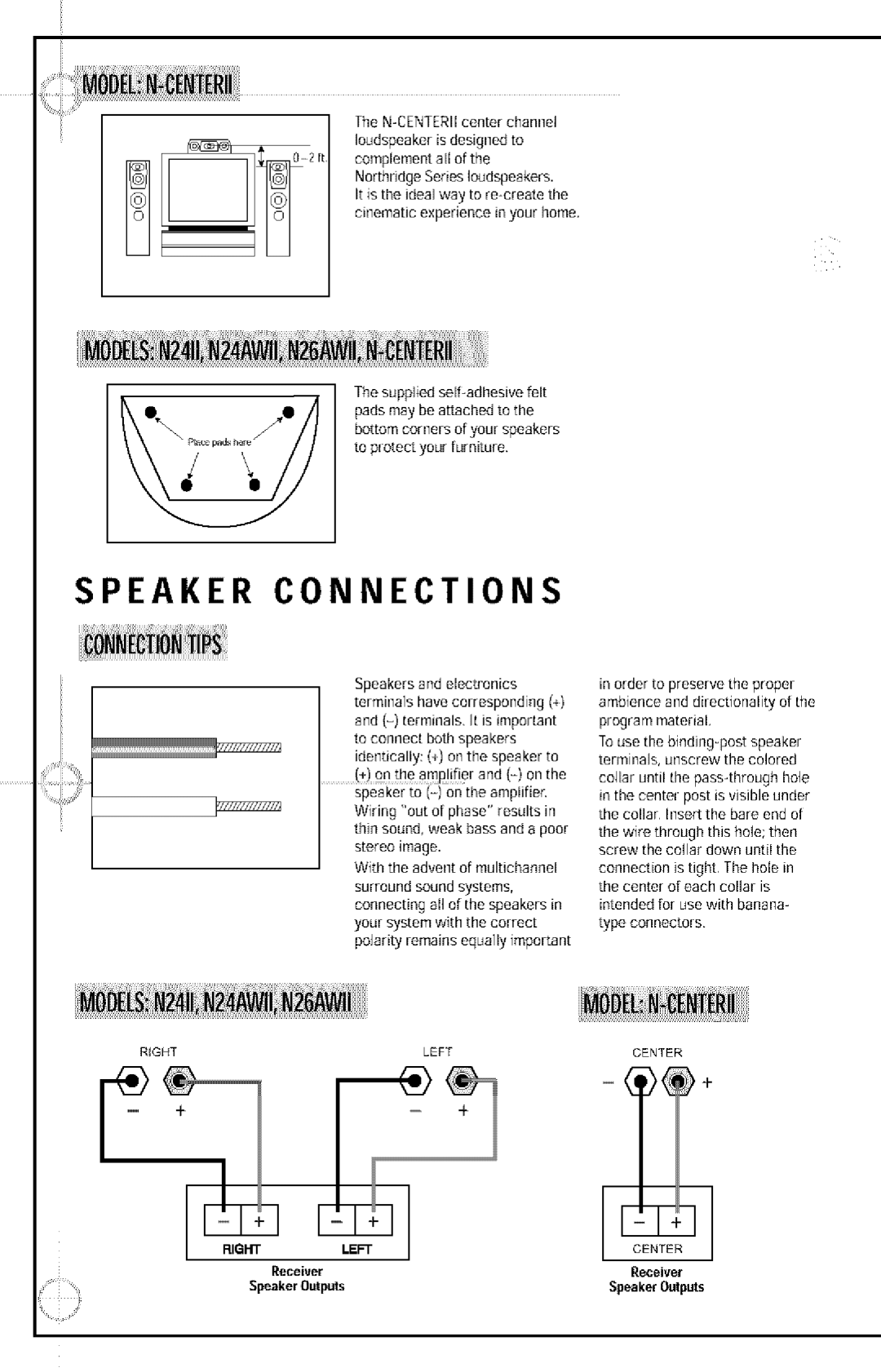 JBL N26AWII, N24II, N24AWII manual Speaker Connections, SpeakerOutputs 