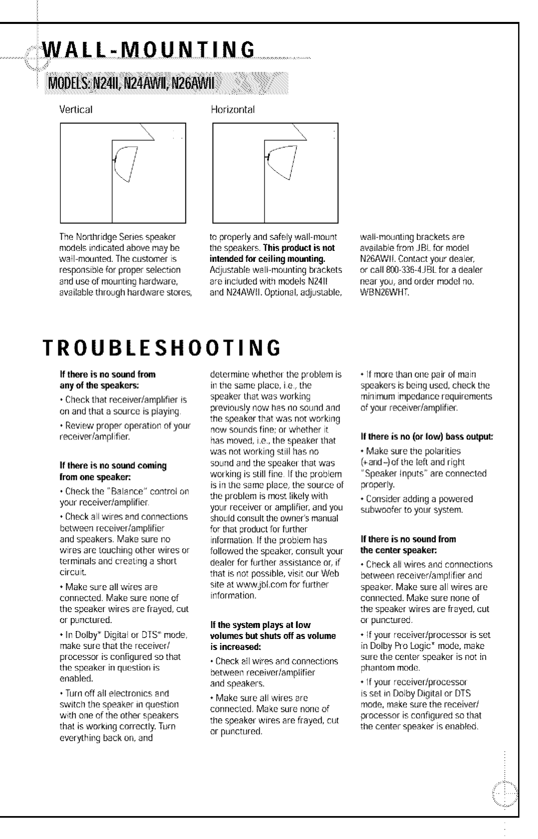 JBL N24II, N24AWII, N26AWII manual Troubleshooting, VericalHorizontal, If there is no soundfrom Any of the speakers 