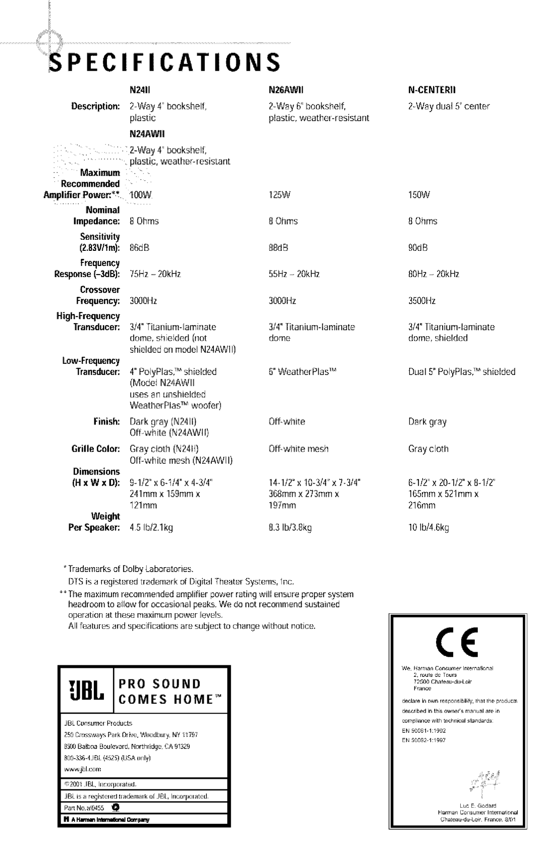 JBL N24AWII N2411 N26AWll Description, Recommended Amplifier Powerff, Nominat, Sensitivity 83V/lm, Transducer, Dimensions 