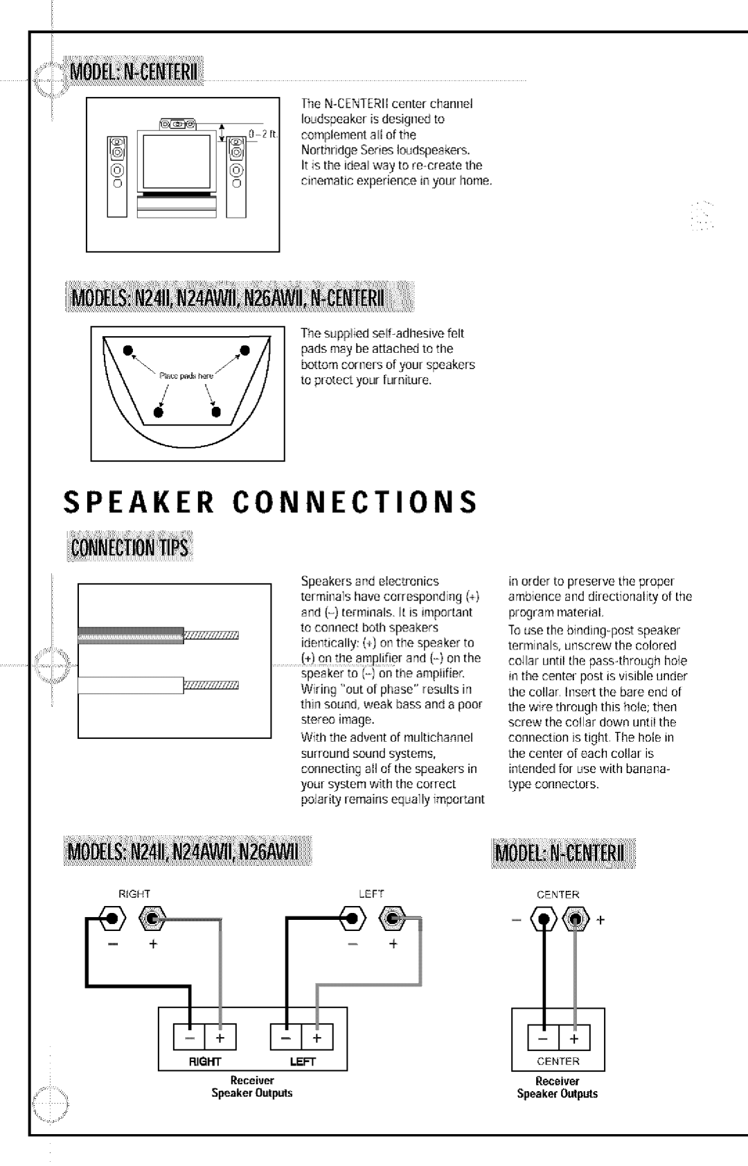 JBL N26AWII, N24II, N24AWII manual Speaker Connections, Ilecei ,er, SpeakerOutputs 