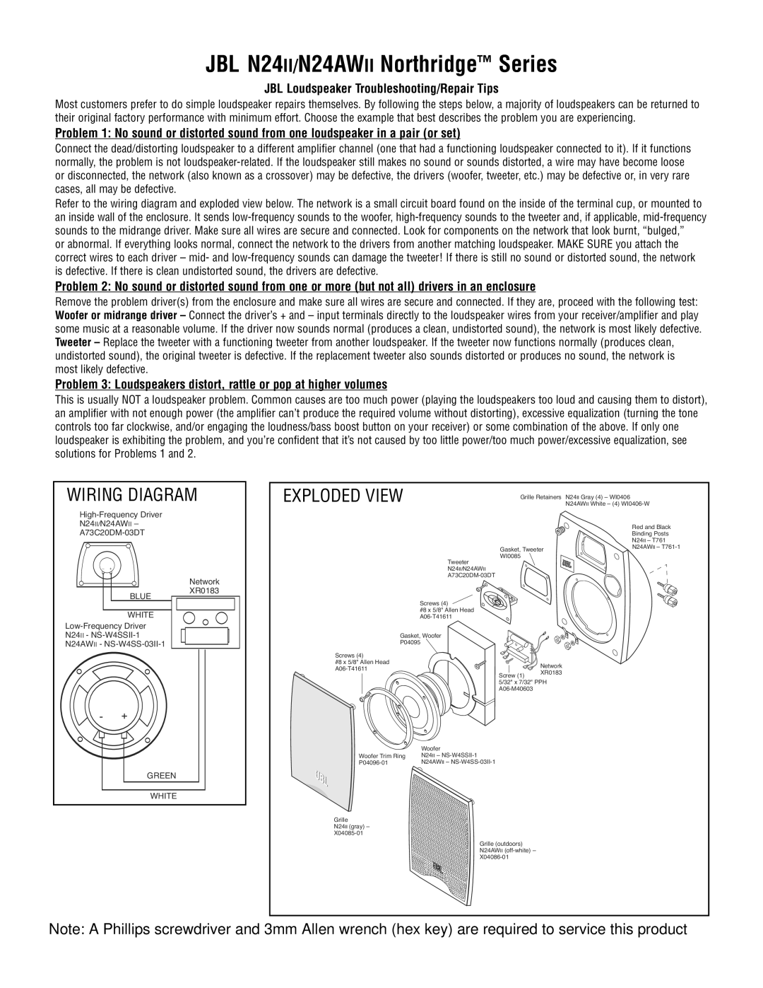 JBL manual JBL N24II/N24AWII Northridge Series, Exploded View, JBL Loudspeaker Troubleshooting/Repair Tips 