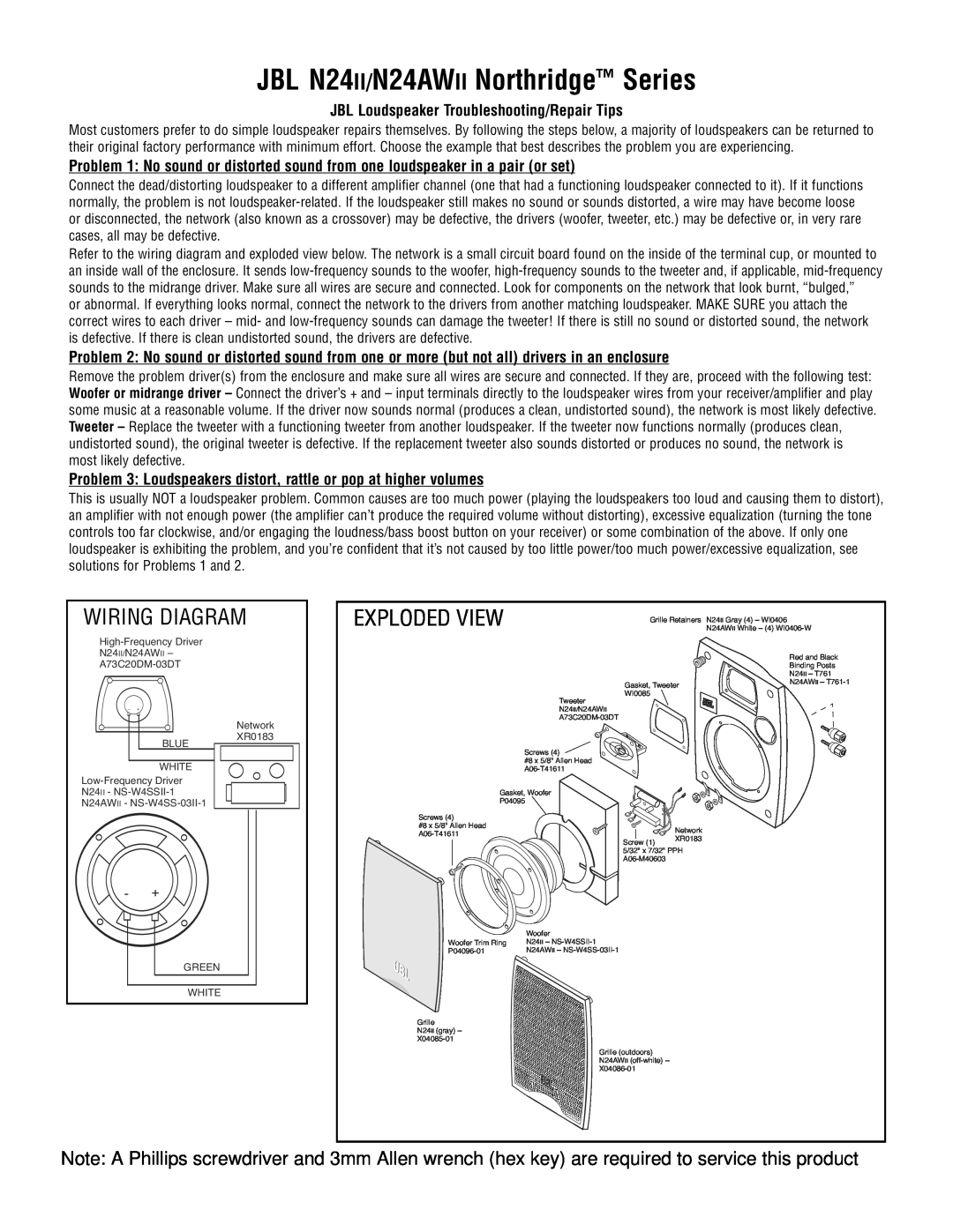 JBL manual JBL N24II/N24AWII Northridge Series, Exploded View, Wiring Diagram 