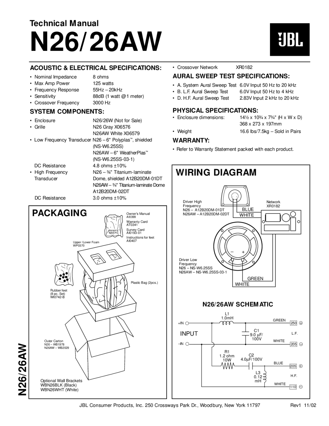 JBL N26/26AW technical manual Wiring Diagram, Packaging 