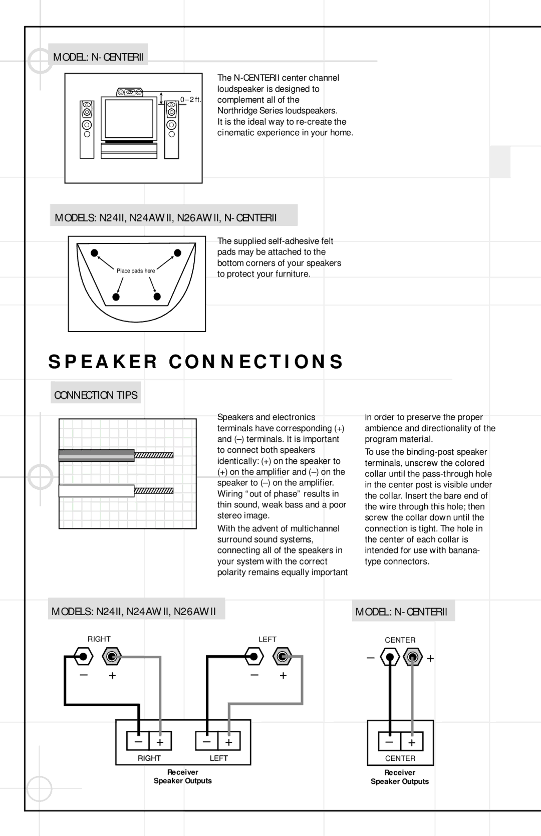 JBL NSP1II specifications Connection Tips, Model N-CENTERII, Pads may be attached to, To protect your furniture 