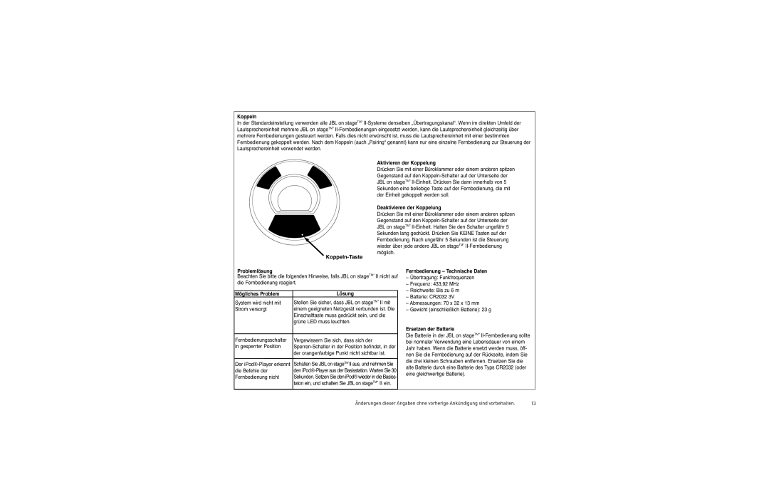 JBL On Stage II Remote Aktivieren der Koppelung, Deaktivieren der Koppelung, Koppeln-Taste Problemlösung, Lösung 