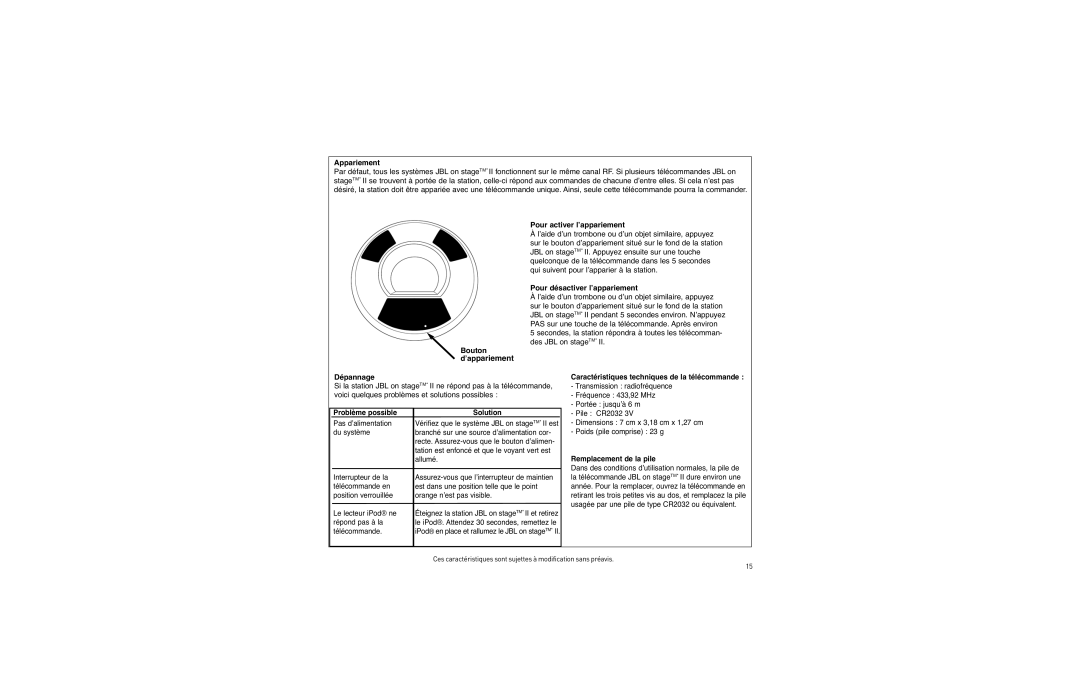 JBL On Stage II Remote setup guide ’appariement 