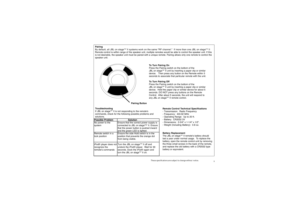 JBL On Stage II Remote To Turn Pairing On, To Turn Pairing Off, Pairing Button Troubleshooting, Battery Replacement 