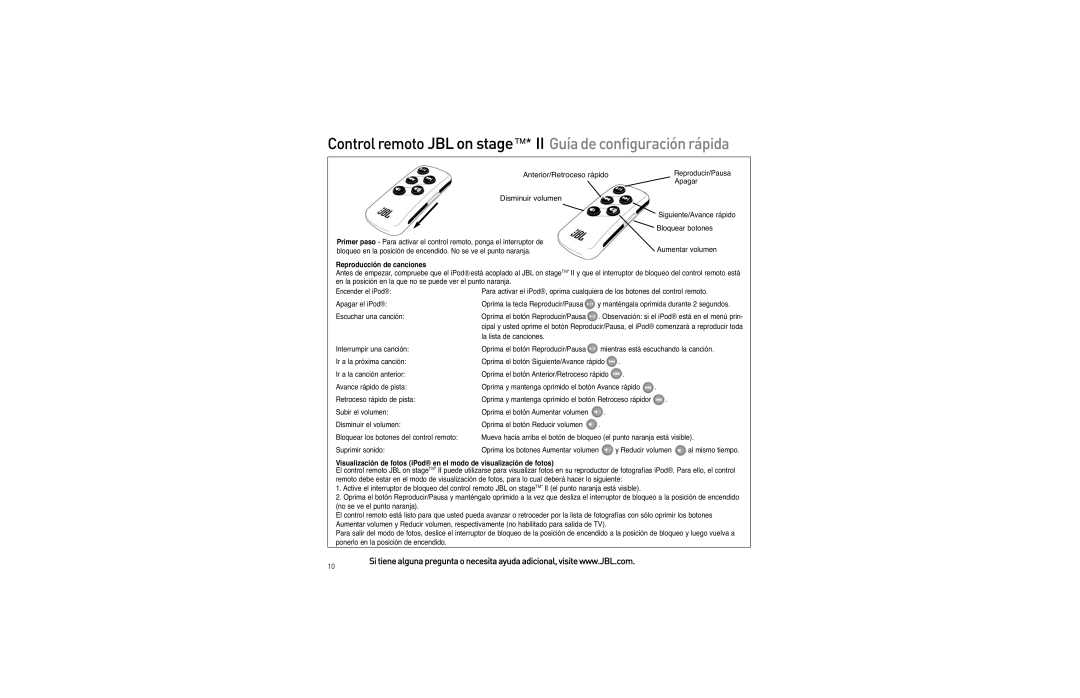 JBL On Stage II Remote setup guide Controlremoto Guíadeconfiguraciónrápida, Anterior/Retroceso rápido Disminuir volumen 