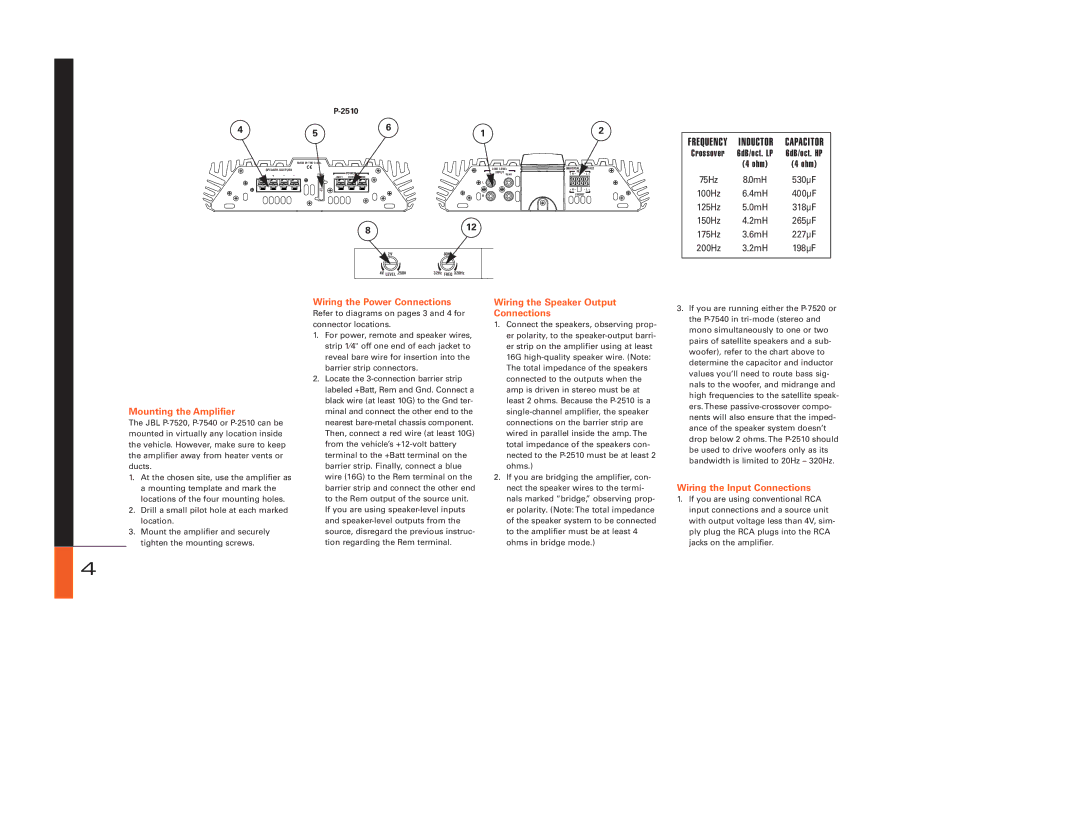 JBL P-7540, P-7520 Mounting the Amplifier, Wiring the Power Connections, Wiring the Speaker Output Connections, 2510 
