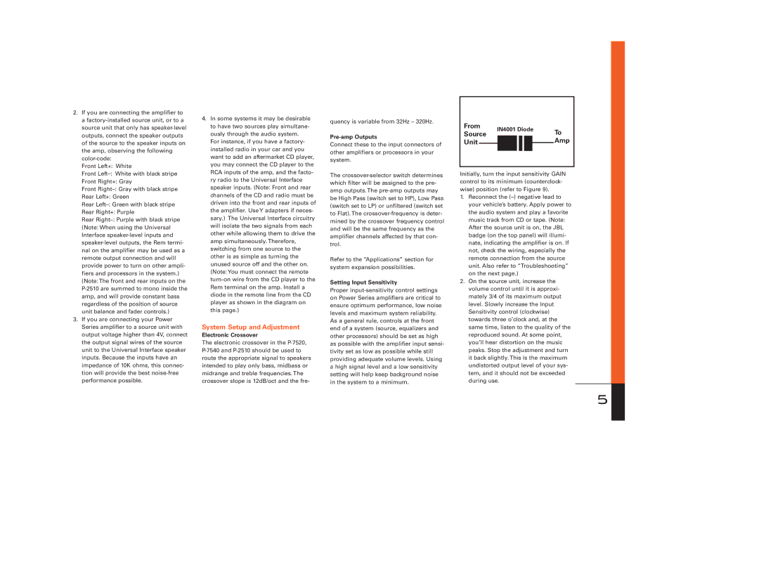 JBL P-2510, P-7520, P-7540 owner manual System Setup and Adjustment, From, Source, Unit Amp 