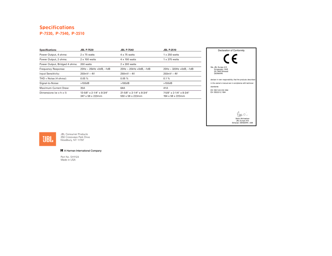 JBL owner manual Specifications JBL P-7520 JBL P-7540 JBL P-2510 