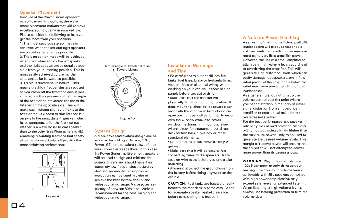 JBL P-923, P-522, P-622, P-422 owner manual Speaker Placement, System Design, Installation Warnings and Tips 