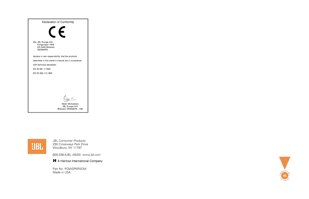 JBL P-622, P-923, P-522, P-422 owner manual Declaration of Conformity 