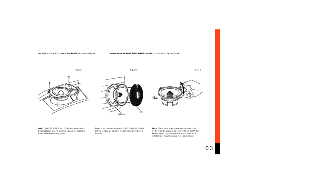 JBL P-7532, P-9633, P-432, P-9632, P-Kit, P-23t, P-332, P-632, P-532, P-6432 owner manual Mounted behind factory grilles 