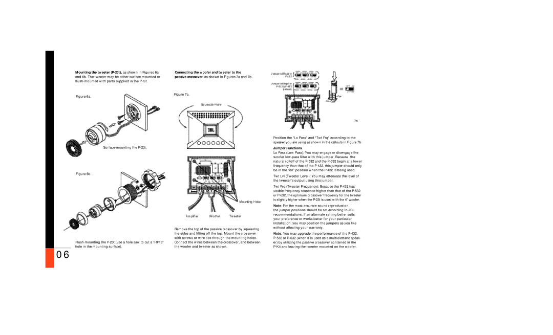 JBL P-332, P-9633, P-432, P-9632, P-7532, P-Kit, P-23t, P-632, P-532 Connecting the woofer and tweeter to, Jumper Functions 