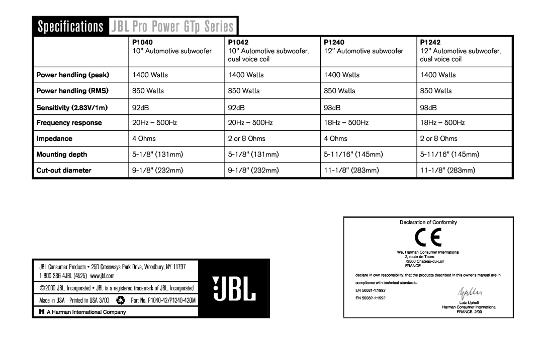 JBL P1042, P1040, P1242, P1240 owner manual Specifications, J B L Pro Power GTp Series 
