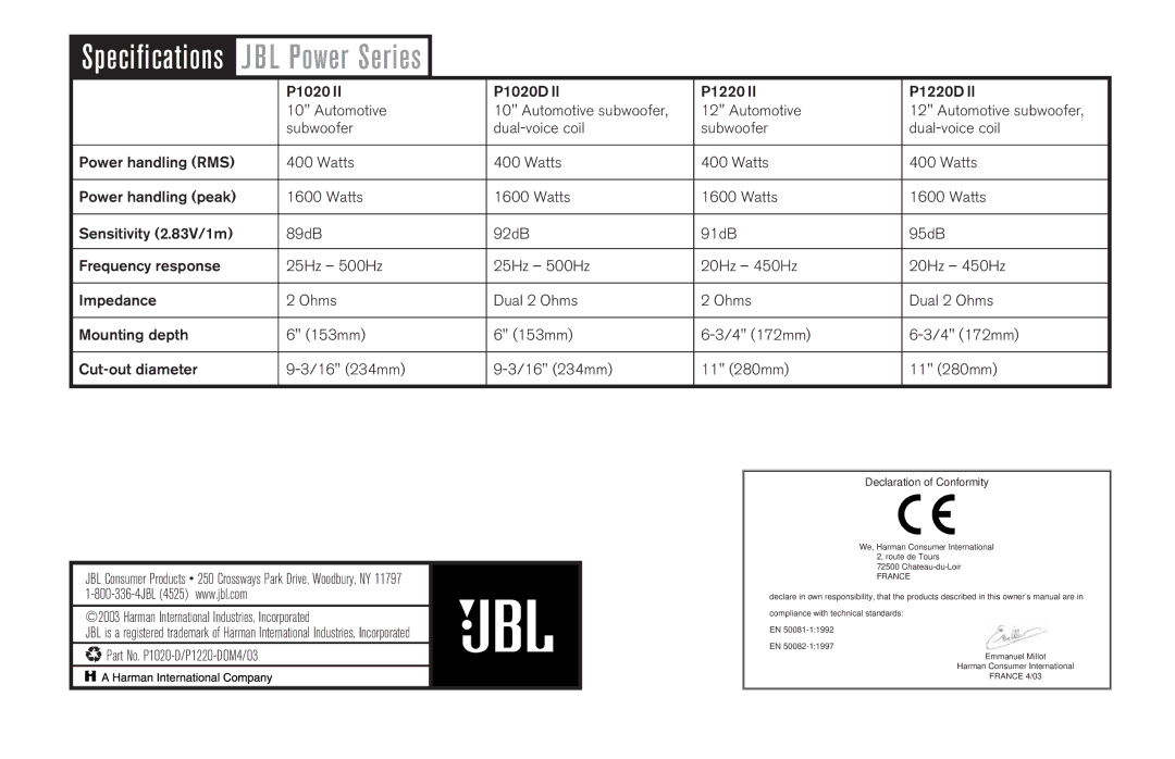 JBL P1220II, P1220DII, P1020II, P1020DII owner manual BL Power Series 