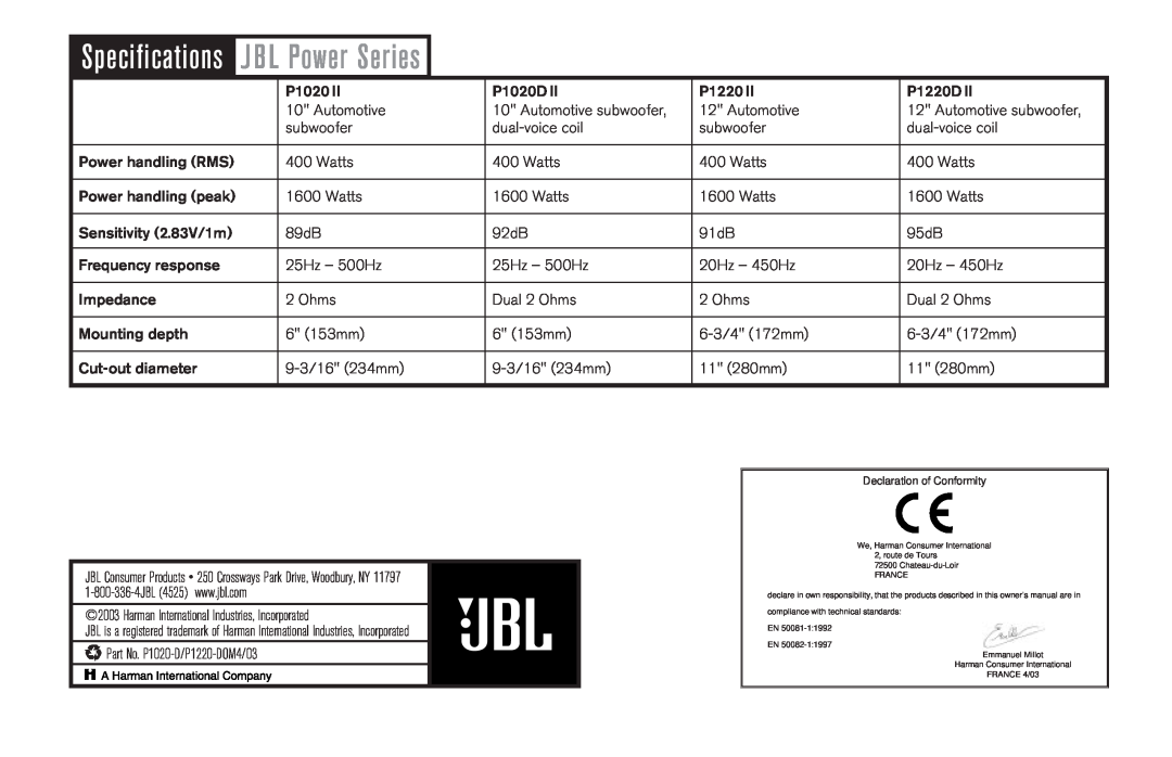 JBL P1220II, P1220DII, P1020II, P1020DII owner manual J BL Power Series, Specifications 