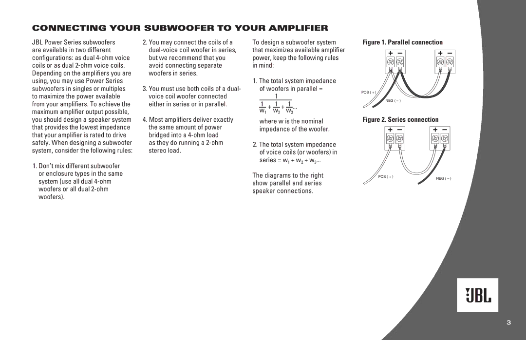 JBL P1022, P1222, P1224, P1024 Connecting Your Subwoofer to Your Amplifier, As they do running a 2-ohm stereo load 