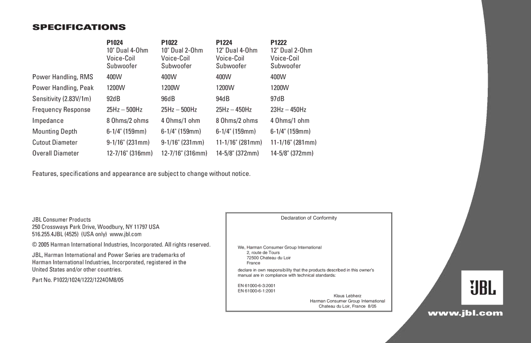 JBL owner manual Specifications, P1024 P1022 P1224 P1222 