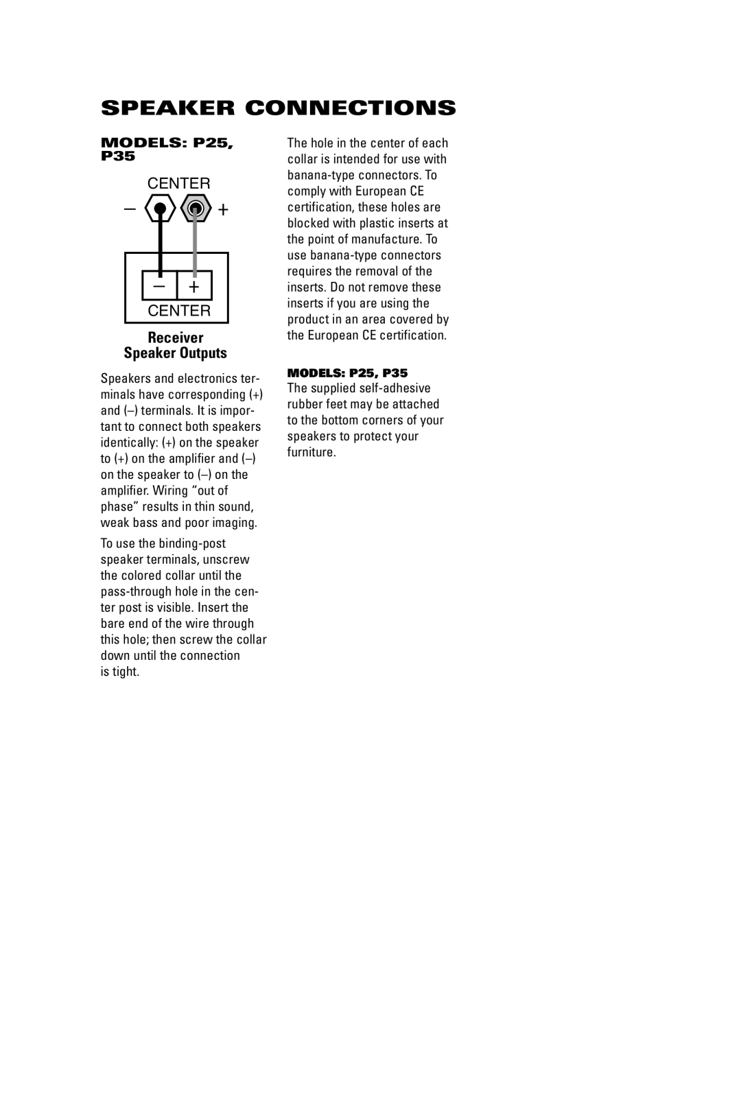 JBL P25, P35 manual Speaker Connections, Receiver Speaker Outputs 