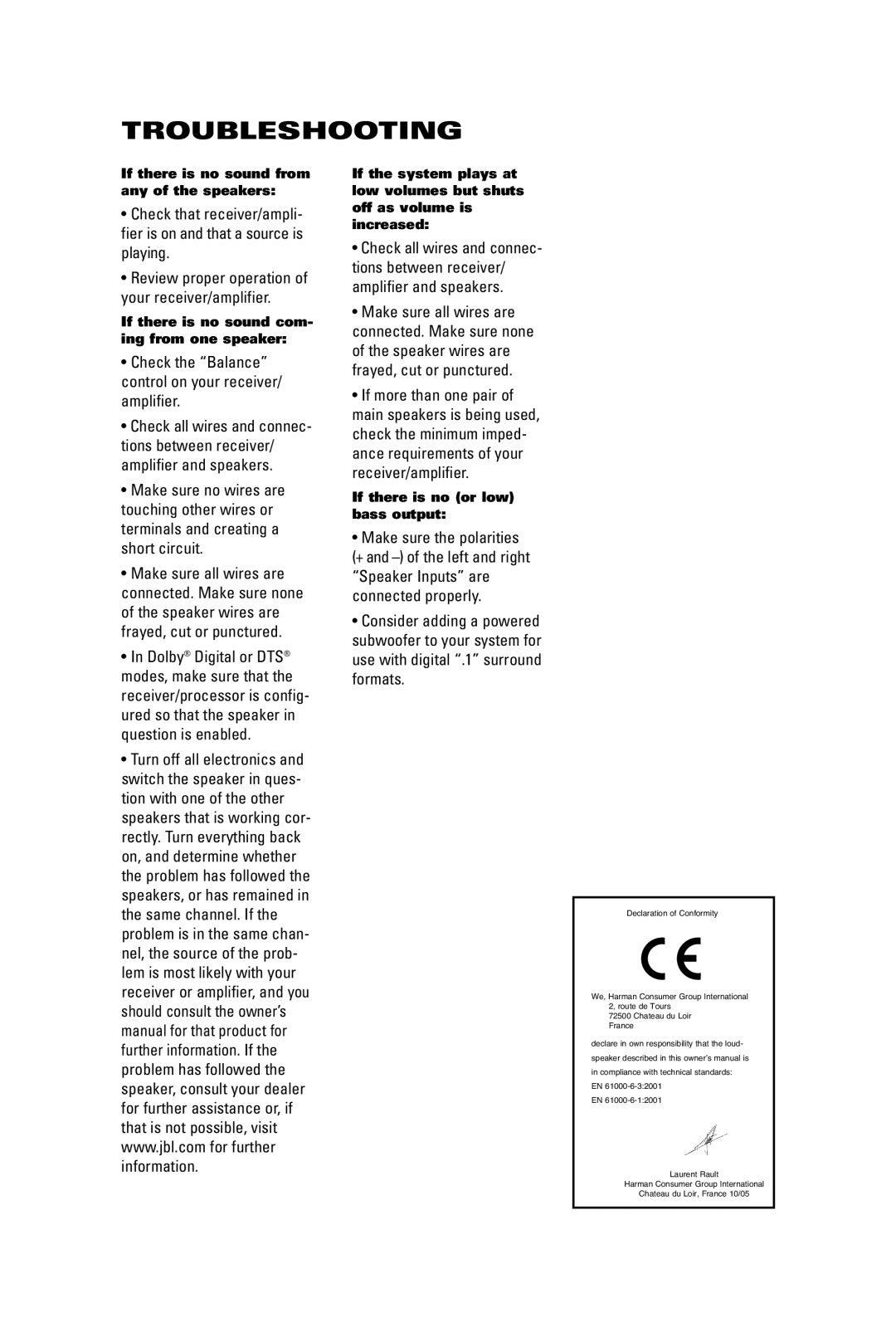 JBL P35, P25 manual Troubleshooting 