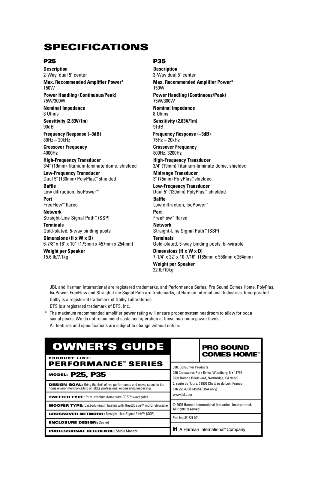 JBL manual Specifications, Model P25, P35 